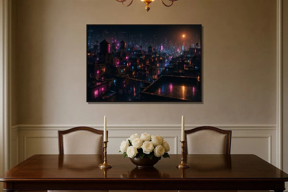 Float-framed canvas printed with Rooftop Walk in the Wet Street hand